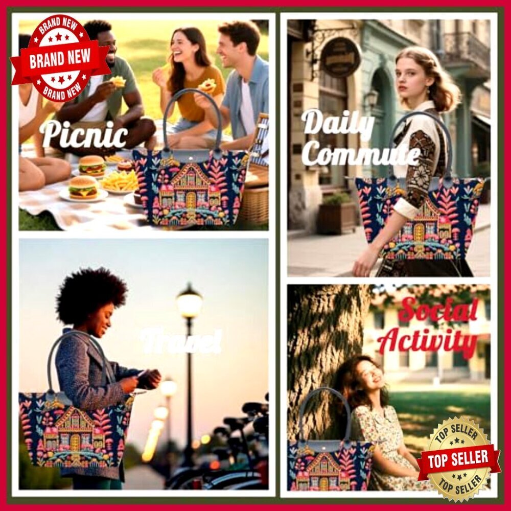 Large Foldable Tote Bag with Zipper, Canvas & Faux Leather - Picture 6 of 6